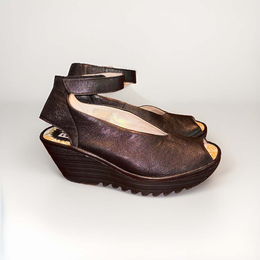 Fly London Womens Yala Sandal Size 37 6.5 Black Wedge Platform Ankle Strap Shoe